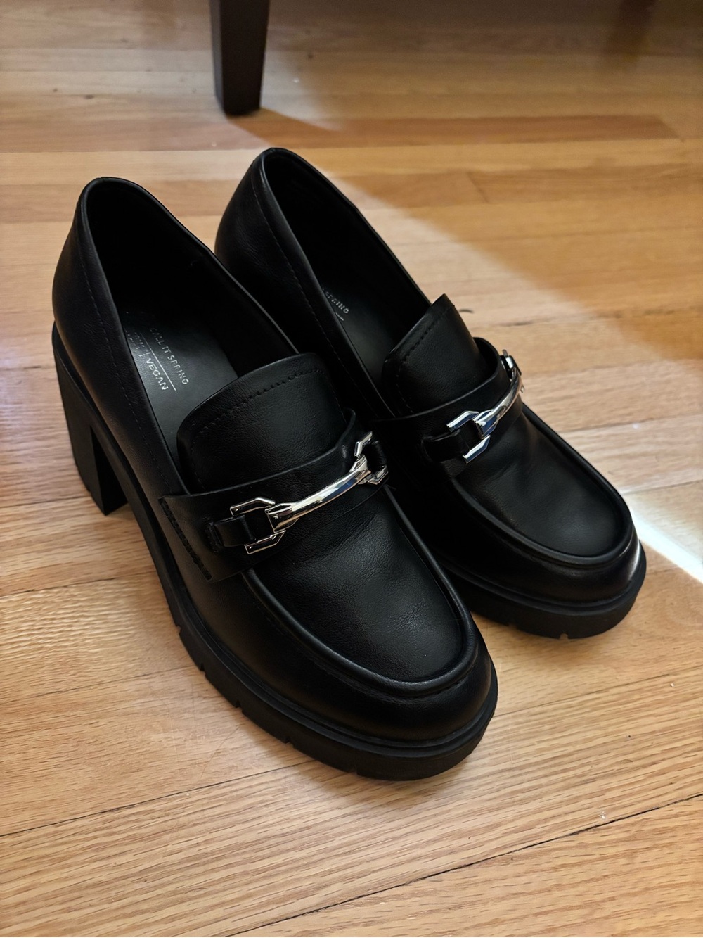 Call It Spring Black Chunky Heel Loafers with Silver Bit